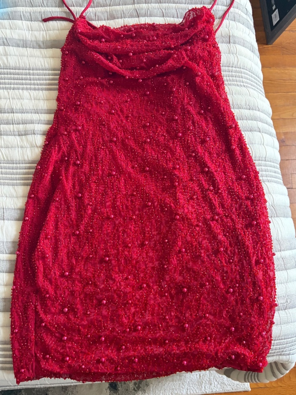 Oh Polly Red Beaded Mini Dress | Spaghetti Strap Party Birthday Holiday Glam - Picture 1 of 2